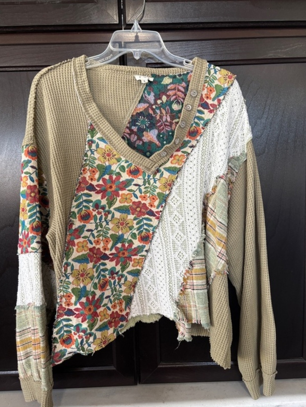POL Boho Patchwork Floral & Knit V-Neck Sweatshirt - Beige Multicolor